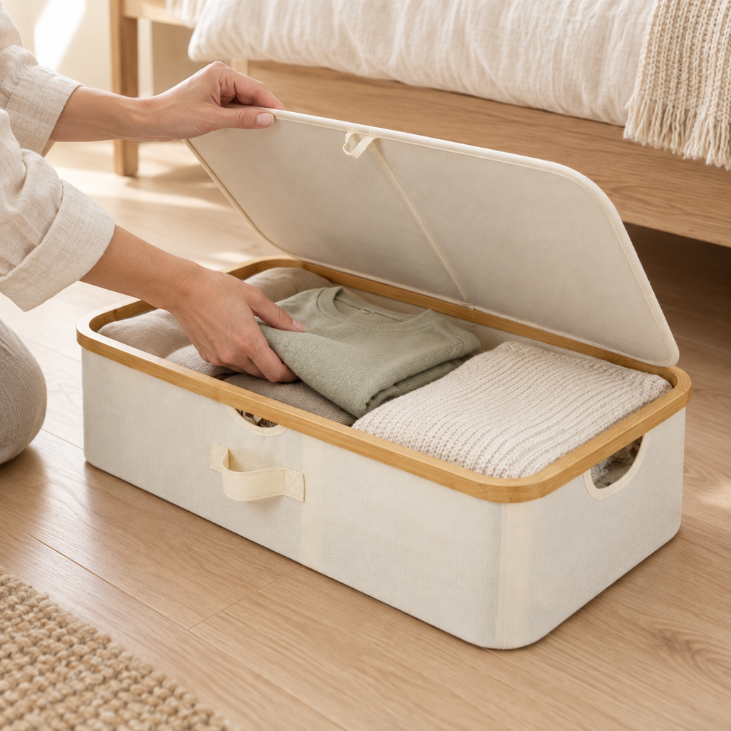 Underbed Storage Box with Lid, Bamboo Frame
