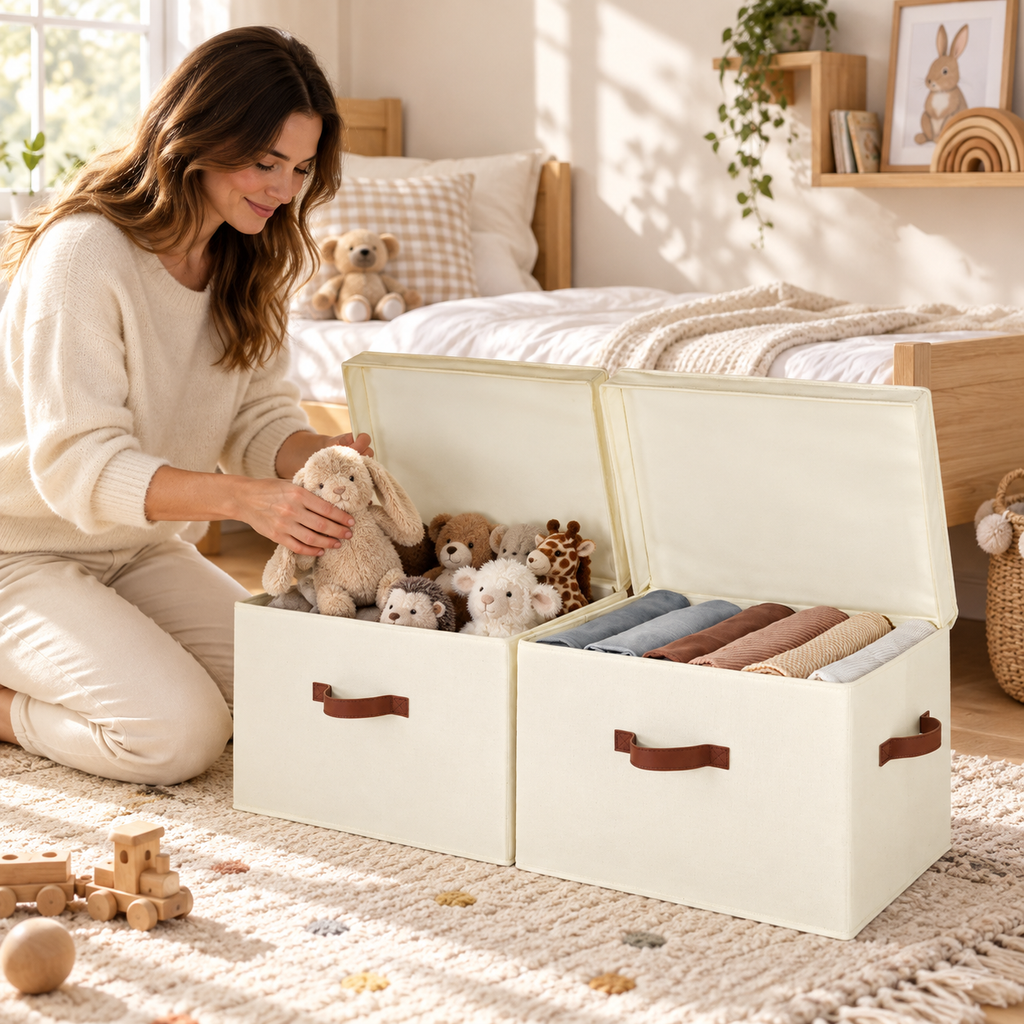 Fabric Storage Bins with Flip-Top Lids, Set of 2