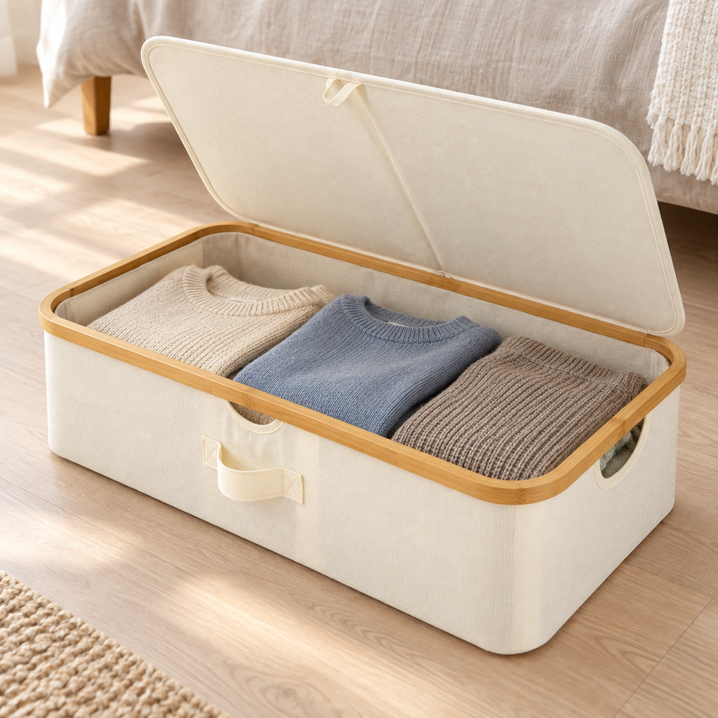 Underbed Storage Box with Lid, Bamboo Frame